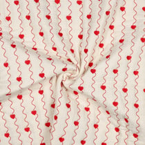 Tissu Double gaze de Coton Matelassé Kaya coeurs brodés Rouge sur fond Ecru
