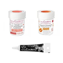 2 colorants alimentaires corail-orange + Stylo glaçage noir