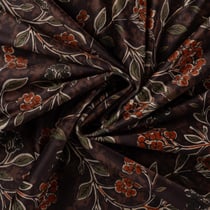 Tissu Velours ras d'habillement digital fleurs Terracotta sur fond Marron chocolat