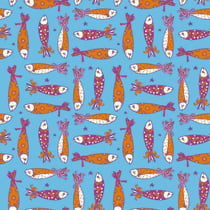 Tissu Popeline de Coton Sardines en Fête Poissons stylisés sur fond Bleu azur