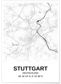 Affiche carte Stuttgart - rectangle Noir et Blanc | A3 : 29,7x42cm