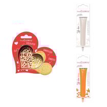 Kit pour biscuit en relief Coeur + 2 Stylos au chocolat blanc et orange