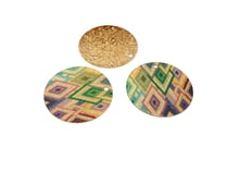2 breloques rondes 20mm pailletées imprimé losanges vert - violet -  doré