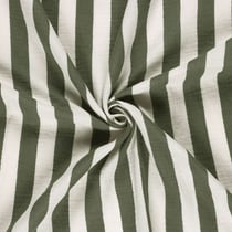 Tissu Double Gaze de Coton Rayé Vert kaki sur fond Blanc