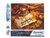 Diamond Painting Broderie Diamant Figured’Art 40x50cm toile entière roulée avec diamants carrés - Thé et livre en Automne