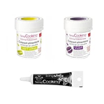 2 colorants alimentaires violet-vert citron + Stylo glaçage noir
