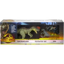 Pack jurassic world : dinosaure velociraptor blue yangchuanosaurus + owen + moto - figurine - dino - mattel hlp79