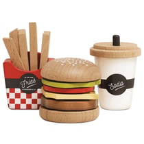 Hamburger frites et soda en bois