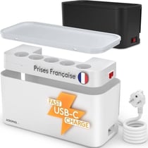 Boite Cache Cable 8-en-1 - Range Cable avec Multiprise - 5 Prises, 3 USB A, Câble 2M - Boîtier de Rangement Prise Electrique- ACROPAQ