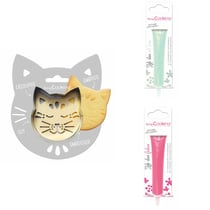 Kit pour biscuit en relief Chat + 2 Stylos au chocolat vert d'eau et fuchsia