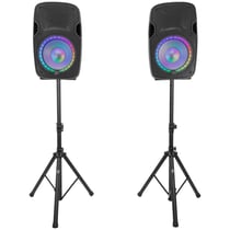 BoomTone DJ PS212A LED Set – Pack sono 2 enceintes 12'', pieds, micro, USB/SD, Bluetooth, radio FM et LED