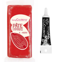 Pâte d'amande rouge 200 g + Stylo de glaçage noir