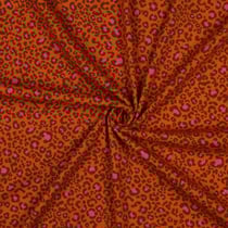 Tissu Jersey Coton côtelé Léopard Chocolat & Rose pop sur fond Rouille