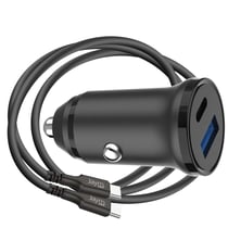 Jaym Chargeur Voiture USB-C PD 30W / USB-A QC 18W avec Câble USB-C vers USB-C 60W 1m Noir