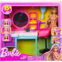 Coffret barbie salon de coiffure et poupée mannequin + 16 accessoires - mattel - hkv00
