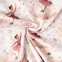Tissu Double gaze de Coton digital Fées Ludmi sur fond Rose pâle