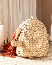 Panier de Rangement en Fibres de Jacinthe d'Eau Ton Naturel et Métal 72 x 44 cm en Forme de Tortue Corbeille à Jouets Intérieur Polyvalent
