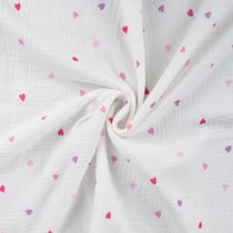 Tissu Double gaze de Coton Petites coeurs roses et parmes sur fond Blanc - Au mètre