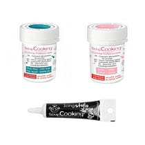 2 colorants alimentaires bleu foncé-rose poudré + Stylo glaçage noir
