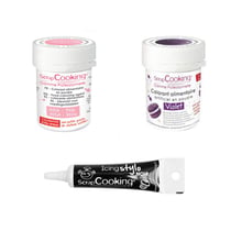 2 colorants alimentaires violet-rose poudré + Stylo glaçage noir