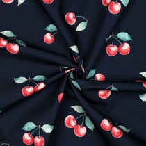 Tissu Nappe imperméable digital Cerises sur fond Bleu marine