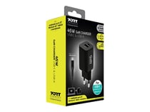 PORT Connect Chargeur Mural GaN USB-C Power Delivery™ & USB-A Quick Charge 45W avec câble type C 2 mètres Noir Prise EU
