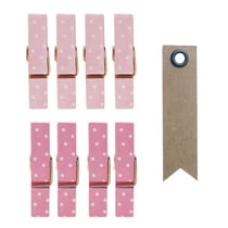 8 mini pinces à linge aimantées rose 3,5 cm + 20 étiquettes kraft Fanion
