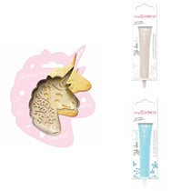Kit pour biscuit en relief Licorne + 2 Stylos au chocolat blanc et bleu pastel