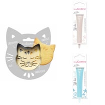 Kit pour biscuit en relief Chat + 2 Stylos au chocolat blanc et bleu pastel