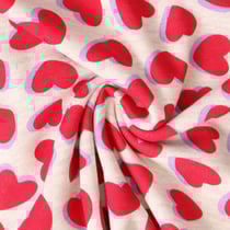 Tissu Sweat léger envers molletonné Lisa coeurs Rouges sur fond Gris chiné