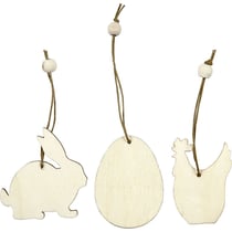 Décorations en bois Lapin, Fleur et Poule - 6 cm - 9 pcs