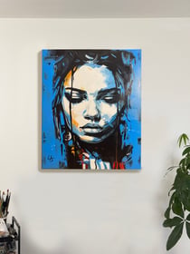 Peinture acrylique originale sur toile — Portrait Bleu — portrait expressionniste — Tableau mural Calbarracin — 100 x 80 cm