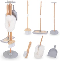 Jeux Imitation kit Nettoyage en Bois - Support avec pelle, Balai, vadrouille à Tampon Doux, plumea