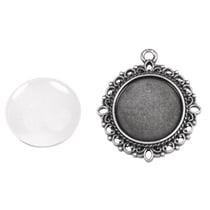Mont.métal: Breloque av.bord déco, ø3cm, argent ancien, av. cabochon, 1 Set
