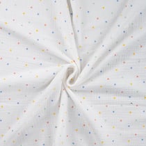 Tissu Double gaze de Coton Petits pois jaunes et bleus sur fond Blanc - Au mètre
