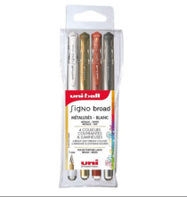 Uni-ball - Gamme SIGNO BROAD CREATIF - réf : UM153/4 GSW3 - Roller encre gel écriture large - Pochette de 4 - 1 mm - Or - Argent - Blanc - Bronze