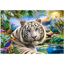 Puzzle paysage paradisiaque et tigre blanc bengale - oiseaux et paons 1500 pieces - collection animaux sauvages