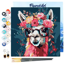 Mini Peinture par Numéro Figured'Art 20x20cm avec cadre Lama Fantaisie et Fleurs - Petit Format
