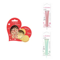Kit pour biscuit en relief Coeur + 2 Stylos au chocolat rose pastel et vert d'eau