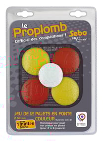 Jeu de 12 palets vendéens rouges et jaunes en fonte compétition + 1 maître blanc en fonte - Sebo