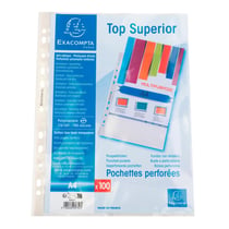 Sachet de 100 pochettes perforées polypropylène lisse Qualité + - A4 - Cristal - x 10 - Exacompta