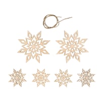 Déco bois Flocons neige,FSC MixCred, ass., nature, 5 - 9cm ø, + cordon, 6 pces