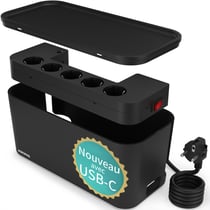 Boite Cache Cable Cache multiprise - Avec multiprise intégrée, USB-C, USB-A, Boîte de Rangement pour Câble - Noir- ACROPAQ