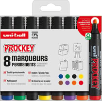 Uni-ball - Gamme PROCKEY - réf : PM126/8 PF - Marqueur pointe biseautée large - Pochette de 8 - 5,7 mm - Noir, bleu, rouge, vert, jaune, marron, violet, orange