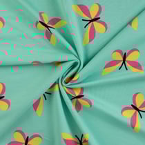 Tissu Jersey Coton envers gratté Papillon rose et vert anis sur fond Vert menthe - Au mètre