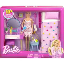 Coffret barbie : la chambre à couché + coiffeuse + poupée mannequin + chat + 18 accessoires - mattel - hpt55