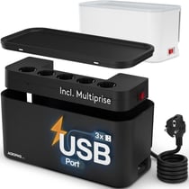 Boite Cache Cable - 5 Prises, 3 USB A, Range Cable avec Cache Multiprise, Boîtier de Rangement avec Cache Prise Electrique- ACROPAQ