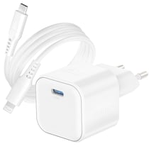 Swissten Chargeur USB C GaN 20W Compact avec Câble Lightning 1.2m Blanc