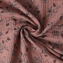 Tissu Double gaze de Coton Aurélie feuillage vert sur fond Brun - Au mètre