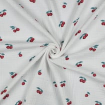 Tissu Double gaze de Coton Bio Capri petites cerises sur fond Blanc cassé